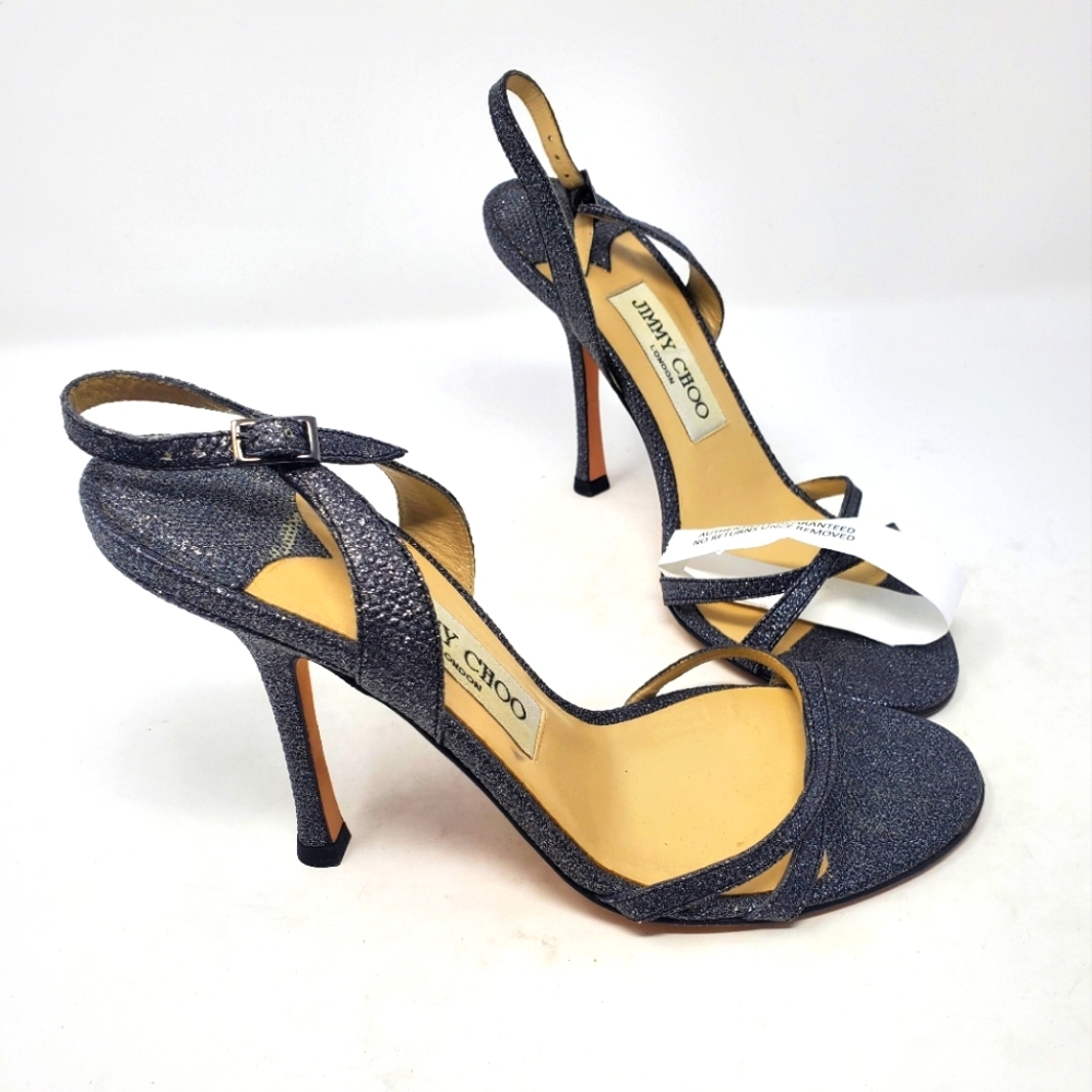 Jimmy Choo Navy Glitter Strappy High Heel Sandals